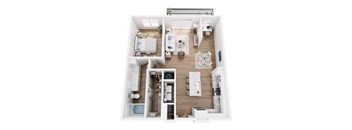 A top down view of a small apartment with a kitchen, living room, and bathroom.