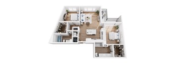 A white floor plan of a house with a living room, kitchen, and bedrooms.