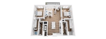 A top-down view of a modern, white-walled, two-bedroom apartment with a kitchen, living room, and bathroom.