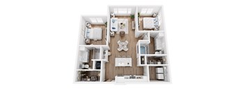 A top-down view of a well-organized apartment with a kitchen, living room, and bedrooms.