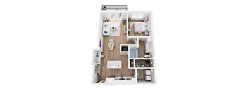 A top-down view of a small, well-organized apartment with a kitchen, living room, and bathroom.