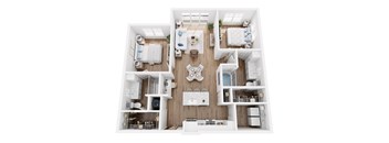 A top-down view of a modern, white-walled apartment with a kitchen, living room, and two bedrooms.