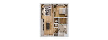 A top-down view of a room with a bed, a couch, a dining table, and a kitchen area.
