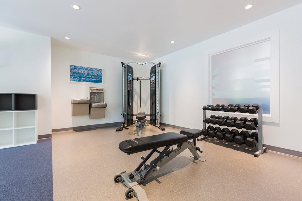 a fitness room with weights and a treadmill