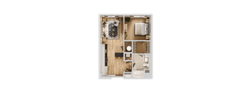 A top-down view of a room with a couch, a coffee table, a rug, and a small table with a lamp.