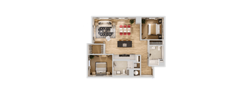 A top-down view of a house layout with a living room, dining area, kitchen, and bedrooms.