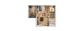 A top-down view of a house layout with a living room, kitchen, and bathroom.
