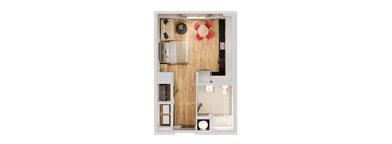 A top-down view of a small, neatly organized apartment with a bed, a couch, a table, and a bathroom.