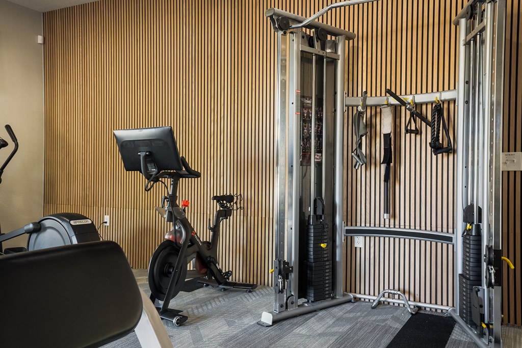 a home gym with a bike and exercise equipment