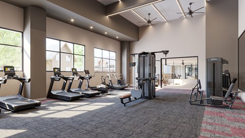 A gym with treadmills, elliptical machines, and other exercise equipment.