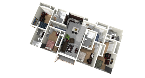 3d floor plan of a house with a bedroom and a living room