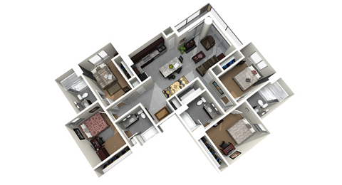 3d floor plan of a house with bedrooms and a living room