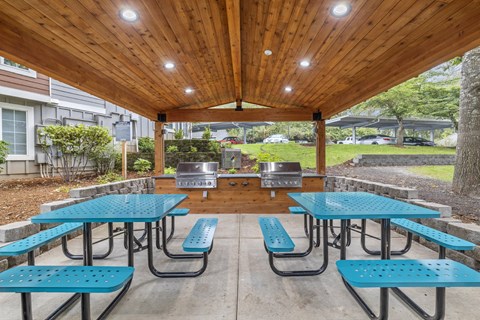 Covered patio with tables and chairs and a grill at Canyon Creek, OR, 97070