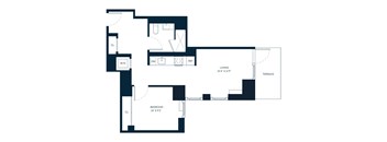 A floor plan of a house with a living room, bedroom, and bathroom.