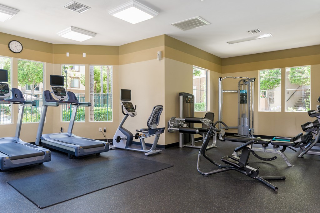 A gym with treadmills, elliptical machines, and other exercise equipment.