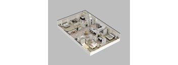 A 3D rendered image of a house layout.