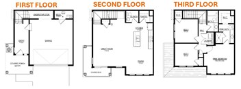 Three black and white images of house plans, one for the first floor, one for the second floor, and one for the third floor.