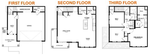Three black and white images of house plans, one for the first floor, one for the second floor, and one for the third floor.