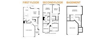 A diagram shows the layout of the first, second, and basement floors of a house.