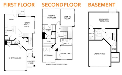 A diagram shows the layout of the first, second, and basement floors of a house.
