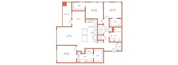 A floor plan of a house with three bedrooms, a living area, a kitchen, a dining area, a bathroom, a pantry, a walk-in closet, and an entry.
