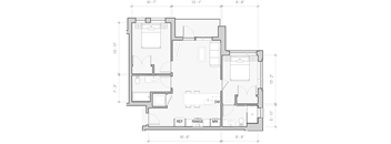 A floor plan of a house with labeled rooms and dimensions.