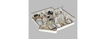 A 3D rendered image of a modern house interior.