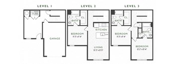 A diagram shows three levels of a house with labeled rooms and dimensions.