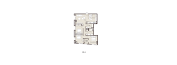 A floor plan of a 3B-A apartment with a living room, kitchen, bathroom, and bedroom.