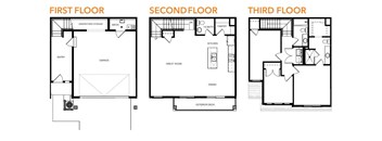 A set of three images showing the first, second and third floor plans of a house.