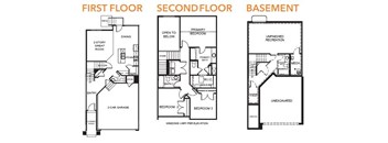 A diagram shows the layout of the first floor, second floor, and basement of a building.