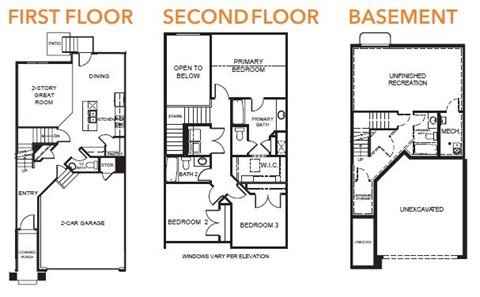 A diagram shows the layout of the first floor, second floor, and basement of a building.
