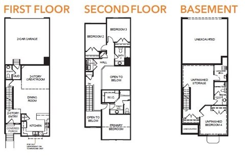 A diagram shows the layout of the first, second, and basement floors of a house.