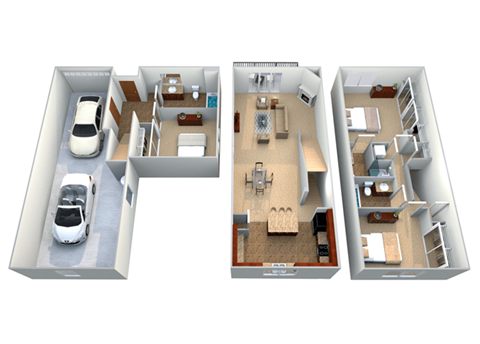 A 3D floor plan of a house with a car parked outside.