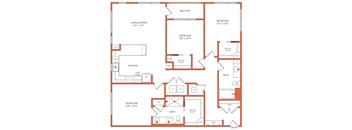 A floor plan of a house with a balcony, two bedrooms, a living/dining area, a kitchen, a bath, and an entry.