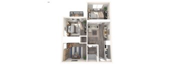 A 3D floor plan of a small apartment with a kitchen, living room, and bathroom.