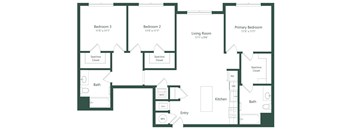 A floor plan of a house with three bedrooms and a living room.