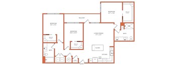 A red floor plan of a house with three bedrooms, a living area, a kitchen, a bathroom, and a balcony.
