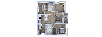 a 3d floor plan of a bedroom with a bathroom and a living room