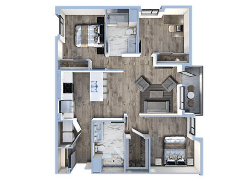 a 3d floor plan of a bedroom with a bathroom and a living room