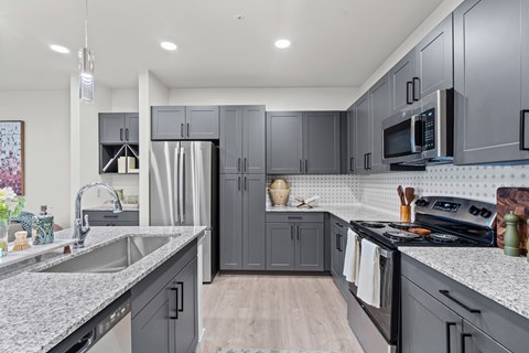 A modern kitchen with grey cabinets and a white countertop.