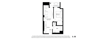 A black and white image of a floor plan for a home with a living room, bedroom, kitchen, bathroom, and entry.
