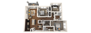 A 3D floor plan of a house showing a kitchen, living room, and bedrooms.
