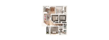 A top down view of a small apartment with a kitchen, living room, and bathroom.