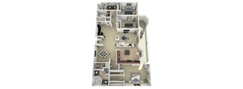 A 3D floor plan of a small apartment with a kitchen, living room, and bedrooms.