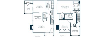 A floor plan of a two-story house with a living area, dining area, entertainment area, and three bedrooms.