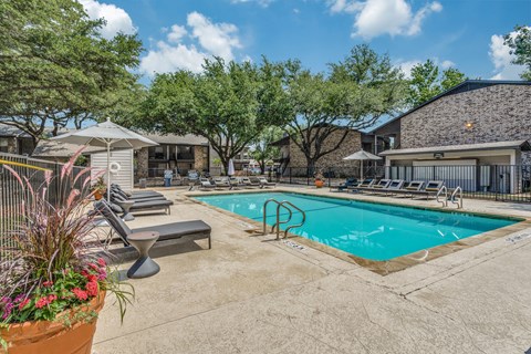 A pool surrounded by lounge chairs and trees.