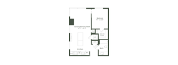 A floor plan of a small apartment with a living room, kitchen, bathroom, and bedroom.