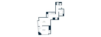 A floor plan of a home with a living room, bedroom, and closet.