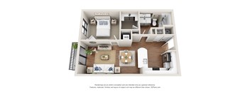 A 3D floor plan of a small apartment with a kitchen, living room, and bedroom.